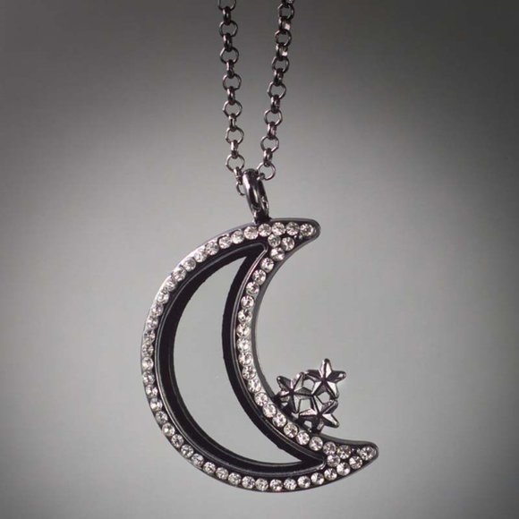 Rhinestone Moon and Stars Floating Crystal Locket in Gunmetal - Picture 3 of 4